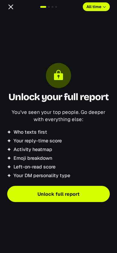 Unlock full report screen listing reply-time score, heatmap and more