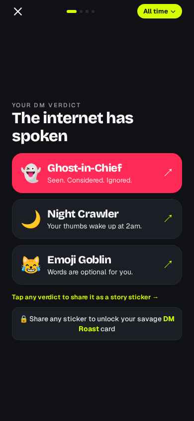 Verdicts screen showing Ghost-in-Chief, Night Crawler and Emoji Goblin